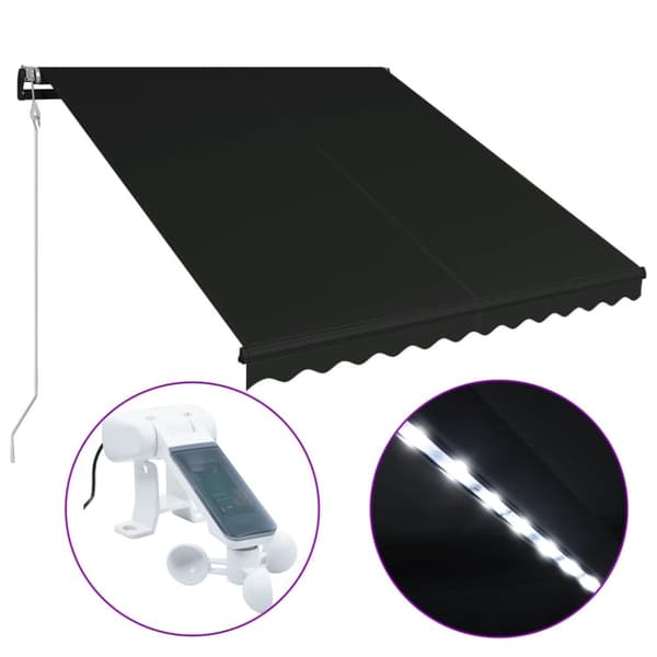 vidaXL Markis manuellt infällbar med vindsensor & LED 300x250 cm antracit - Markiser
