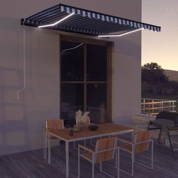 vidaXL markise med vindsensor og LED 400x300 cm blå og hvid -  Markiser