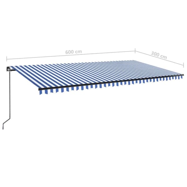 vidaXL Manuaalisesti kelattava markiisi LEDillä 600x300 cm sinivalk. -  Markiisit