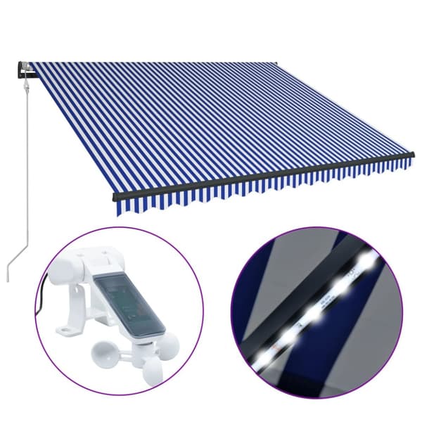vidaXL Markiisi tuulisensorilla ja LED 450x300 cm sininen ja valkoinen - Markiisit