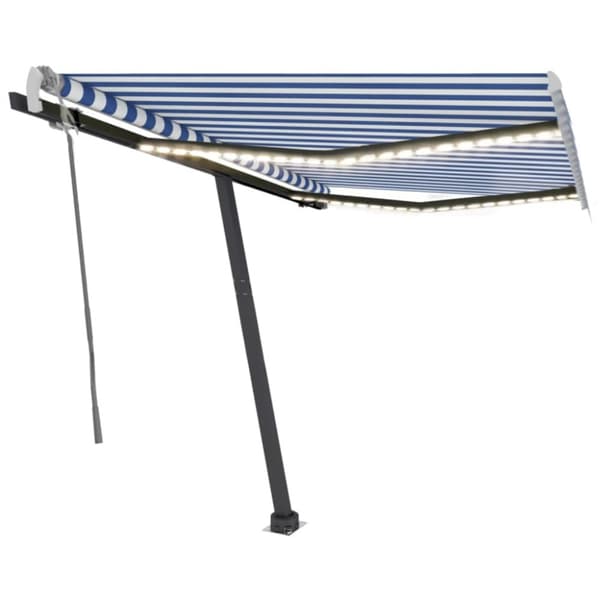 vidaXL Käsin sisäänkelattava markiisi LEDillä 350x250cm sinivalkoinen - Markiisit