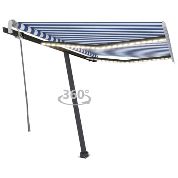 vidaXL Käsin sisäänkelattava markiisi LEDillä 350x250cm sinivalkoinen -  Markiisit