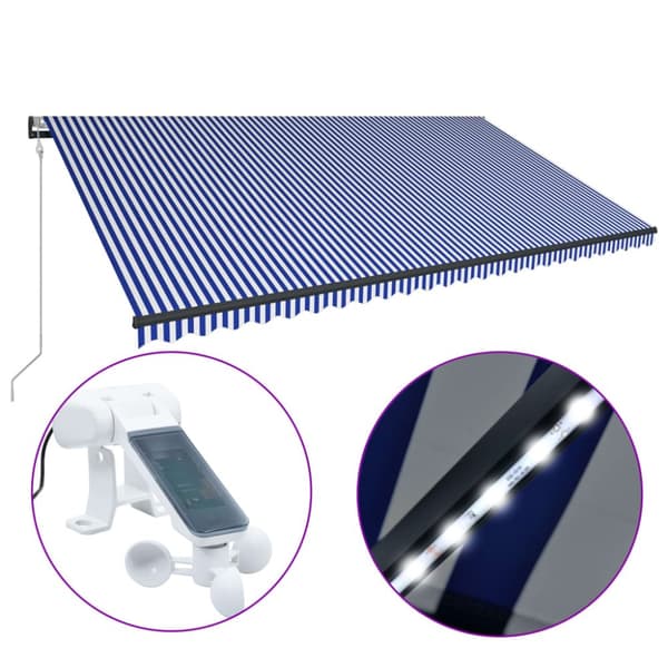 vidaXL Markis med vindsensor & LED 600x300 cm blå och vit -  Markiser