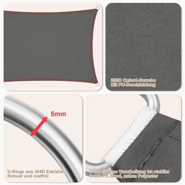 Rootz Premium Outdoor Sun Sail Shade - Solsejlshage - UV Blocker - Vandtæt, UV-beskyttelse, Holdbar - 5m x 5m - Mørkegrå