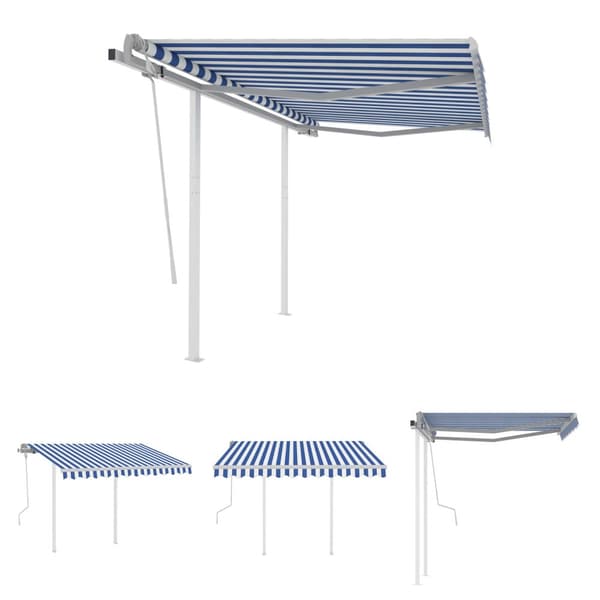 The Living Store Markis med stolpar manuellt infällbar 3x2,5 m blå och vit -  Markiser