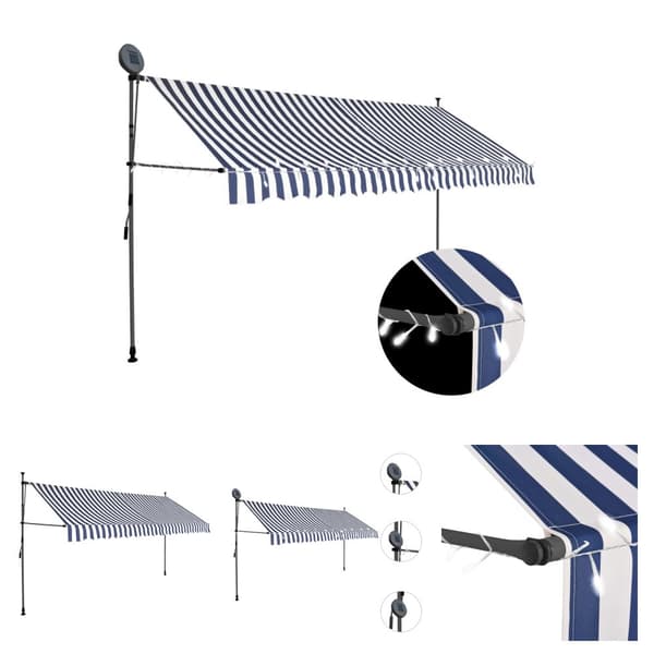 The Living Store Sisäänkelattava markiisi LED-valoilla 350 cm sininen/valkoinen -  Markiisit