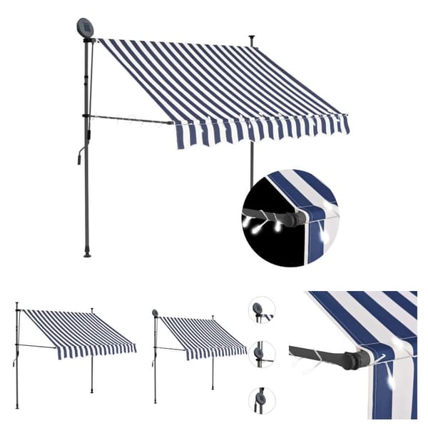 The Living Store Markis manuellt infällbar med LED 150 cm blå och vit -  Markiser