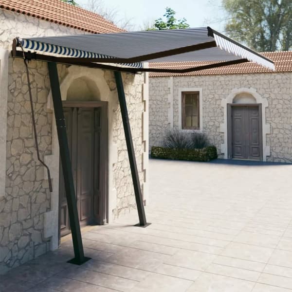 The Living Store Markis med stolpar manuellt infällbar 3,5x2,5 m blå och vit -  Markiser