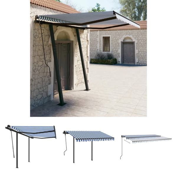 The Living Store Markis med stolpar manuellt infällbar 3,5x2,5 m blå och vit - Markiser