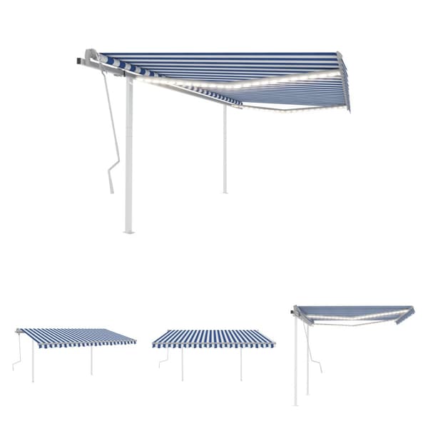 The Living Store Markis med LED manuellt infällbar 4x3 m blå och vit -  Markiser