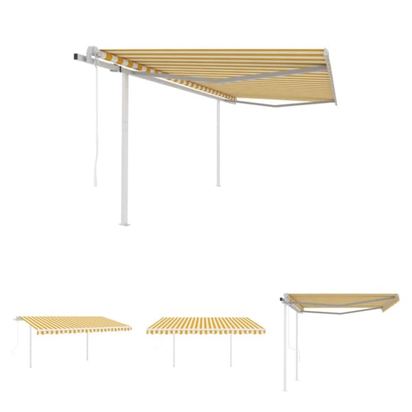 The Living Store Markis med stolpar automatiskt infällbar 4,5x3 m gul och vit -  Markiser