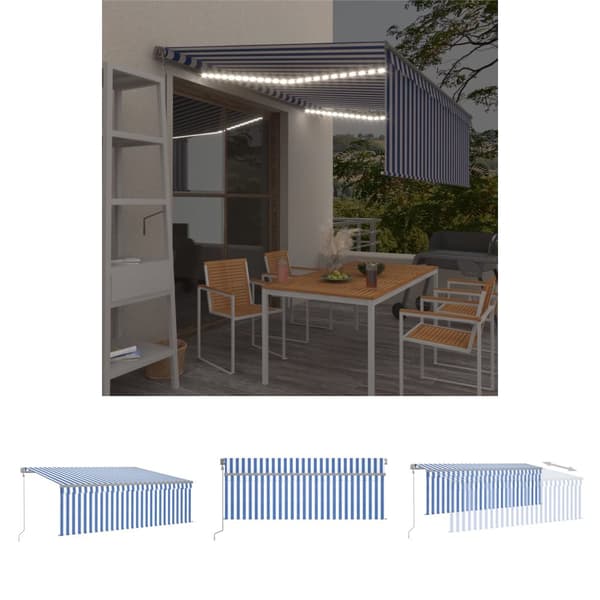 The Living Store markise m. gardin+LED+vindsensor 4,5x3 m automatisk blå og hvid - Markiser