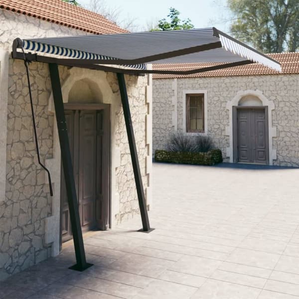 The Living Store Automaattisesti kelautuva markiisi tolpilla 3,5x2,5 m sinivalk. - Markiisit