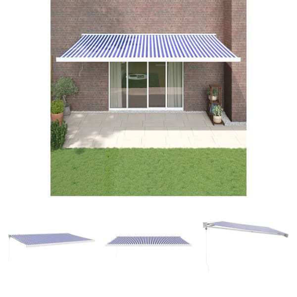 The Living Store foldemarkise manuel betjening 5x3 m stof aluminium blå hvid -  Markiser