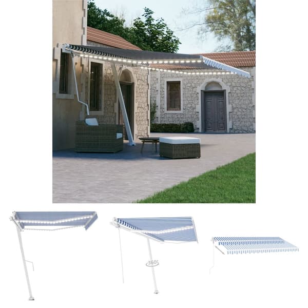 The Living Store Automatisk markis med vindsensor & LED 450x300 cm blå och vit -  Markiser