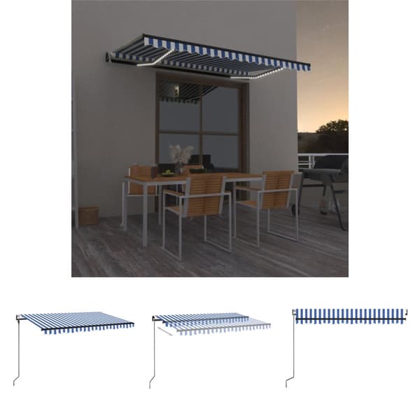 The Living Store markise m. LED + vindsensor 450x300 cm automatisk blå og hvid -  Markiser