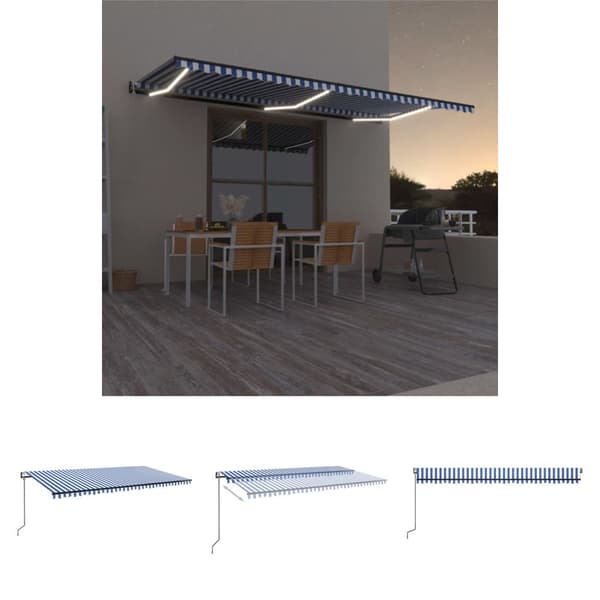 The Living Store markise m. LED + vindsensor 600x300 cm automatisk blå og hvid - Markiser
