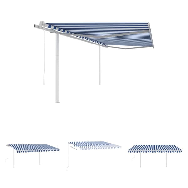 The Living Store Markis med stolpar automatiskt infällbar 4,5x3 m blå och vit -  Markiser