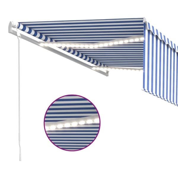 The Living Store Automatisk markis med rullgardin vindsensor LED 4,5x3 m blå/vit - Markiser