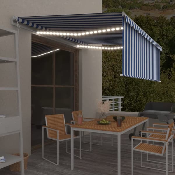 The Living Store Automatisk markis med rullgardin vindsensor LED 4,5x3 m blå/vit - Markiser