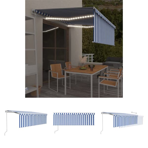 The Living Store Automatisk markis med rullgardin vindsensor LED 4,5x3 m blå/vit -  Markiser
