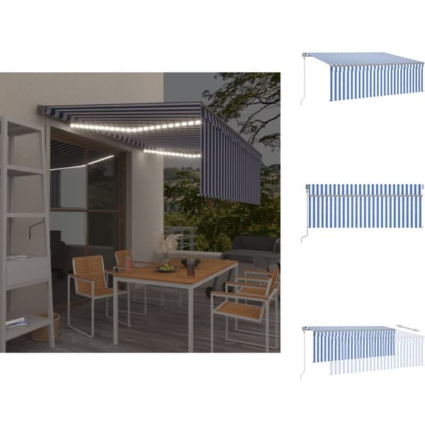 Markiser - Living markise m. gardin+LED+vindsensor 4,5x3 m automatisk blå og hvid