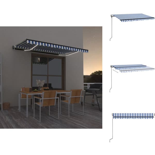 Markiser - Living markise m. LED + vindsensor 450x300 cm automatisk blå og hvid