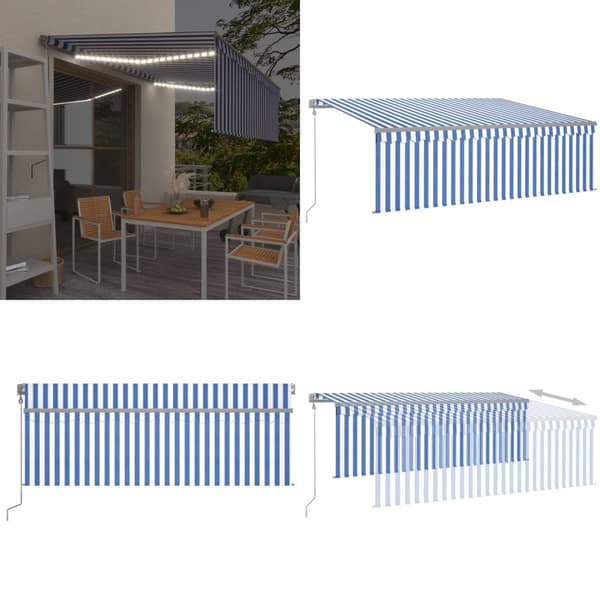 Automatisk markis med rullgardin vindsensor LED 4,5x3 m blå/vit - Markis - Markiser - Home & Living