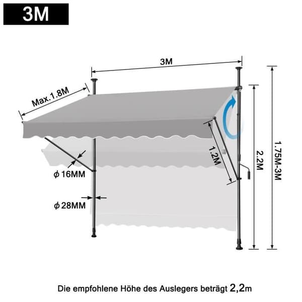 YUENFONG 300 x 120 cm Balkonggardin med vev - Sekretessskärm - Manuellt infällbar - UV-beständig, Grå