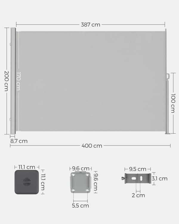 Rootz sidomarkis - Solskydd - Utomhustak - Pulverlackerat stål - Polyestertyg - UV-skydd - 200cm x 400cm - Ljusgrå