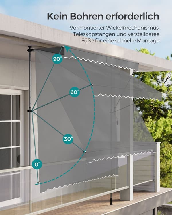Rootz antracitklemmemarkise med håndsving - Udendørs baldakin - Solskærm - Pulverlakeret stål - Aluminiumslegering - Polyester - Justerbar højde - Nem