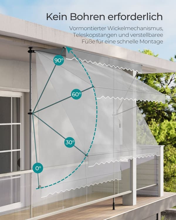 Rootz Grey Clamp Markise med håndsving - Udendørs baldakin - Solskærm - Pulverlakeret stål - Aluminiumslegering - Polyester med PA-coating - 250 cm x