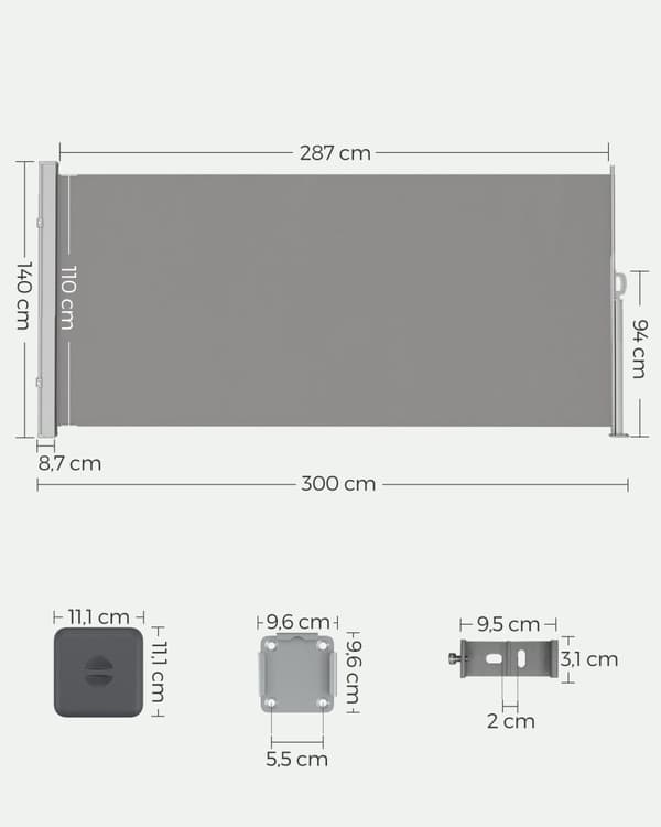 Rootz-sivumarkiisi - Aurinkosuoja - Ulkokatos - Jauhemaalattu teräs - Polyesteri - UV-suoja - 140cm x 300cm x 6,4kg