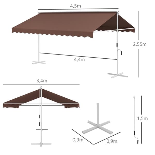 Rootz vapaasti seisova markiisi - Patiovarjostin - Ulkokatos - Kallistussäädettävä - Kampi - Metallirunko - 450cm x 340cm x 255cm - Ruskea