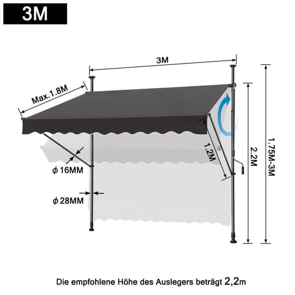 YUENFONG 300 x 120 cm Balkonggardin med vev - Sekretessskärm - Manuellt infällbar - UV-beständig, antracit
