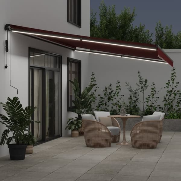 vidaXL Markis automatiskt infällbar med LEDs vinröd 600x300 cm