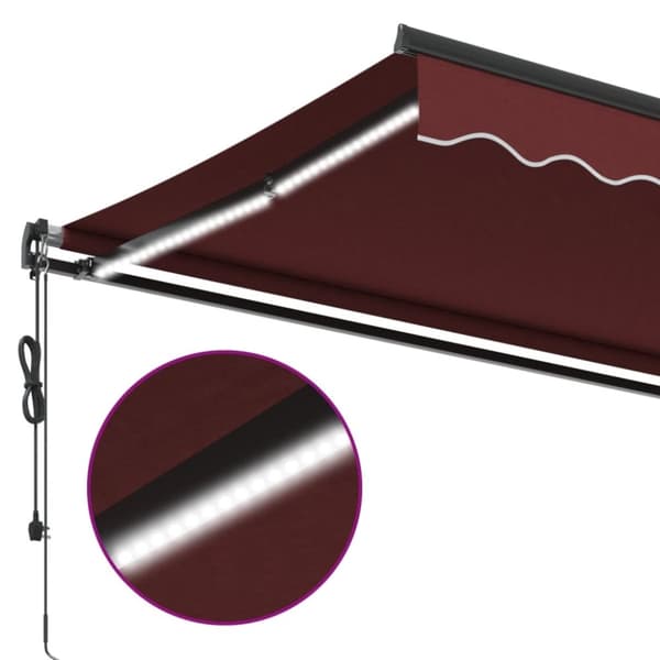 vidaXL Markis automatiskt infällbar med LEDs vinröd 600x300 cm