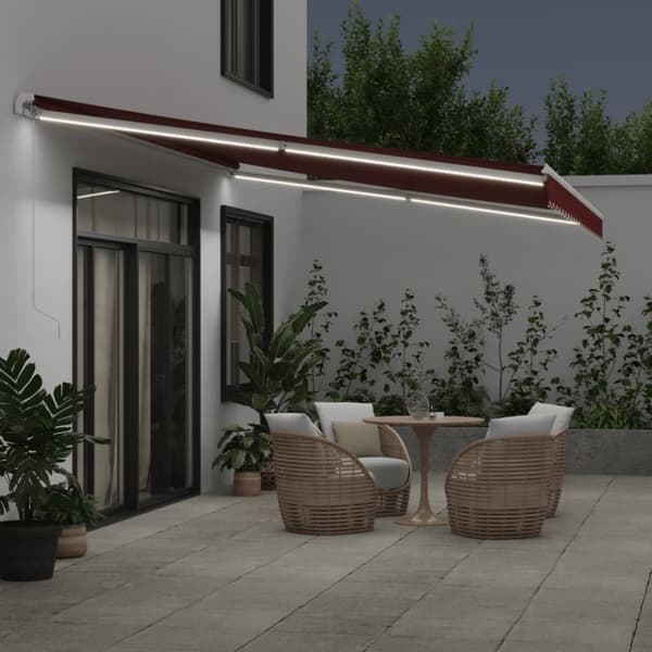 vidaXL Markis manuellt infällbar med LED vinröd 500x300 cm