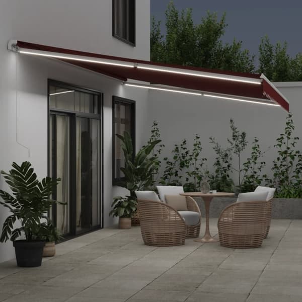 vidaXL Manuell uttrekkbar markise med LED burgunder 600x300 cm
