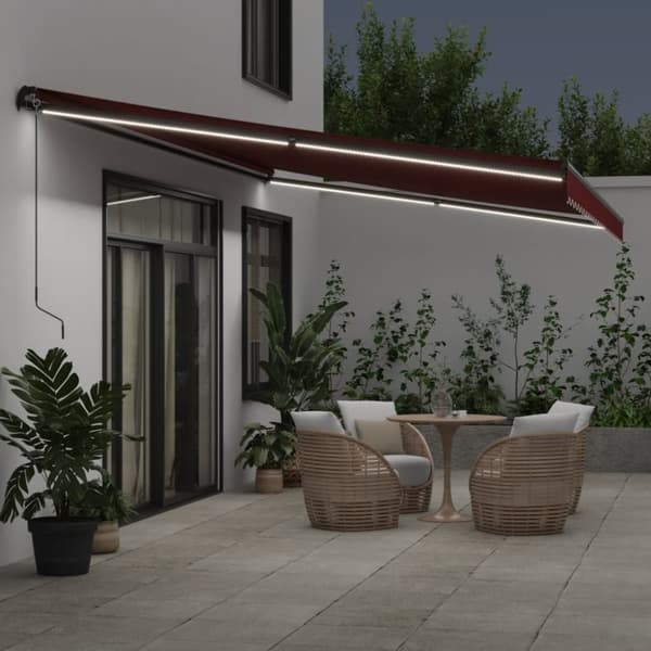 vidaXL Manuell uttrekkbar markise med LED burgunder 600x350 cm