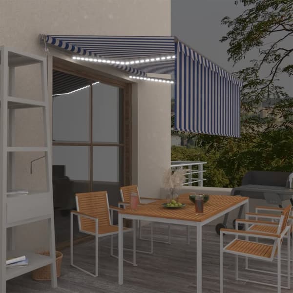 Automatisk markis m. vindsensor rullgardin LED 3,5x2,5m blå/vit