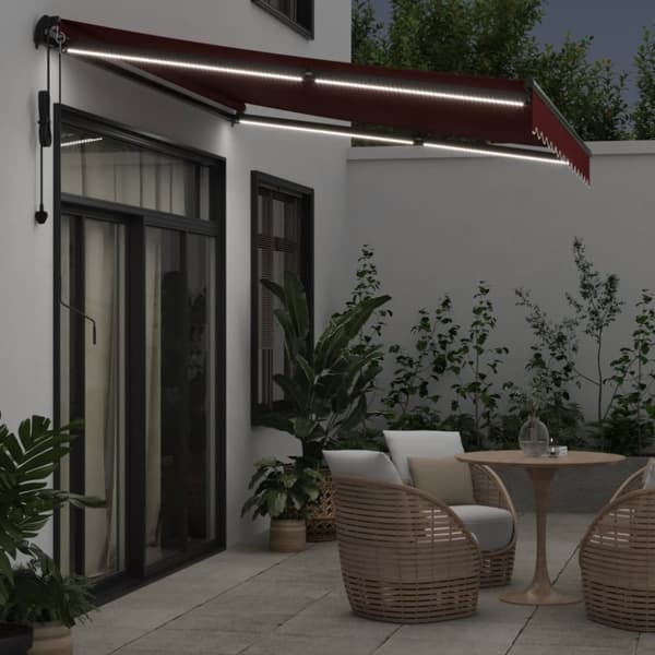 markise med LED-lys 350x250 cm automatisk betjening bordeaux