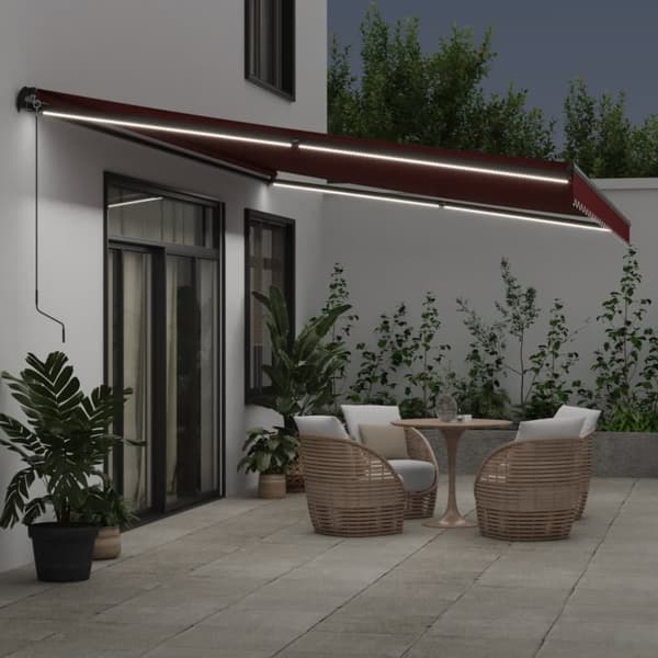 markise med LED-lys 600x350 cm manuel betjening bordeauxfarvet