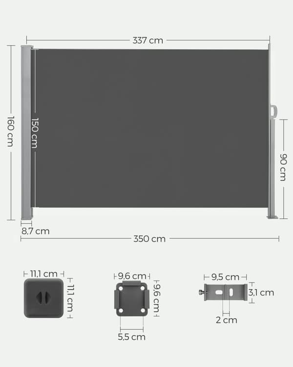 Rootzin sivumarkiisin varjostin - Ulkokäyttöön suojattu näyttö - UV-kestävä - 160 cm x 350 cm - Antrasiittirautalaatikko - Suojakorkki - 6,8 kg