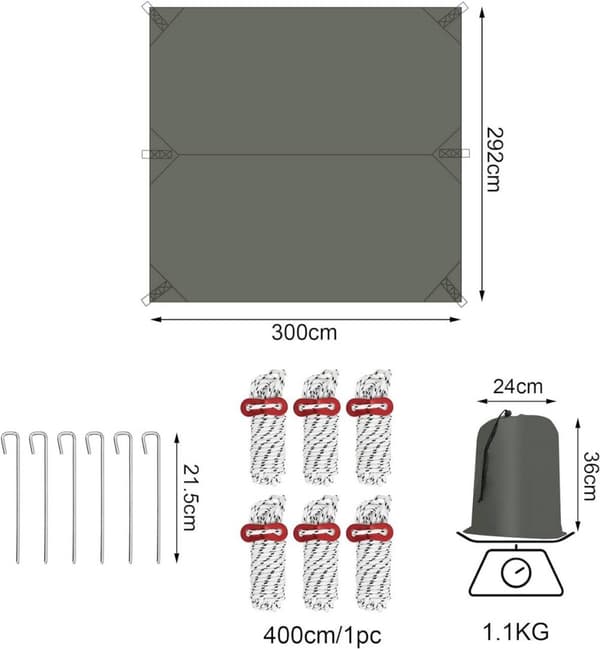 Rootz vedenpitävä telttapeite - Aurinkosuoja - Varjostuspurje - 210T polyesterikangas - SPF50+ - PU3000mm - 3m x 4m - Kannettava säilytyspussi