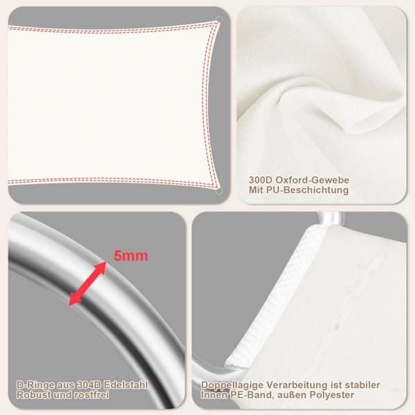 Rootz Sun Sail Markis - Skuggsegel - Solskydd - Vattentät & Soltät - 200g/m² PES-tyg - UV-skydd - 5 mm D-Ring - 300D Oxford - Beige - 1,5 m PE-rep - 9