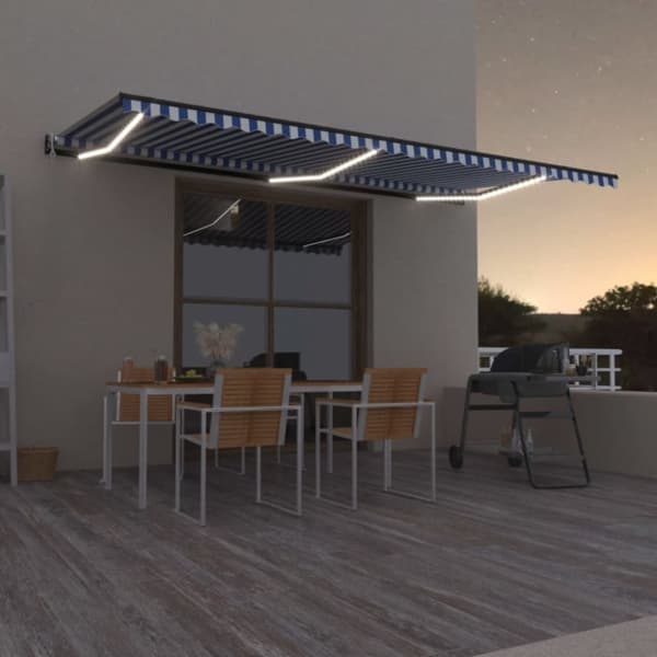 Automatisk markis med vindsensor & LED 600x350 cm blå och vit