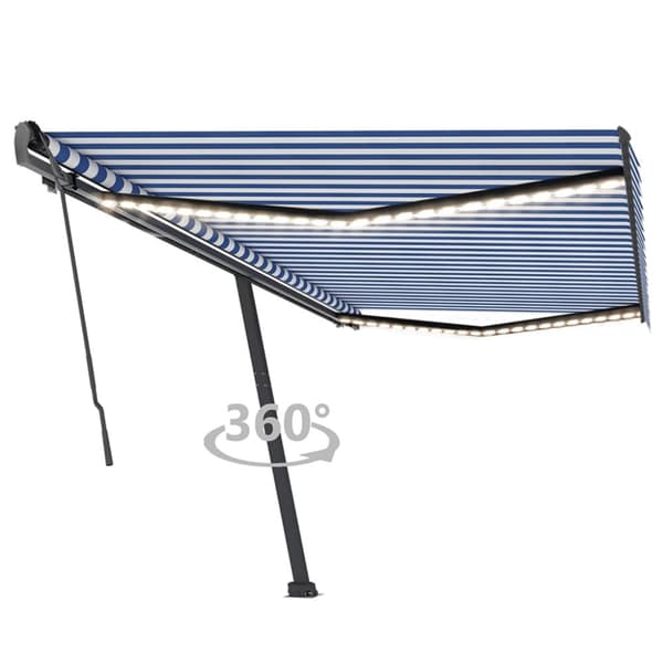 Markis med LED manuellt infällbar 500x350 cm blå och vit