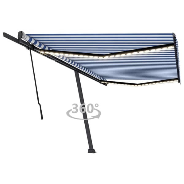 Markis manuellt infällbar med LED 500x300 cm blå och vit