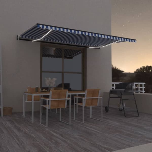 Automatisk markis med vindsensor & LED 500x300 cm blå och vit